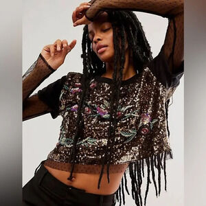 NWT Free People Life of the Party Twofer Embellished Sequins Mesh Top 
Size S
